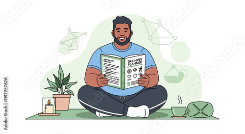 Man Sitting on Yoga Mat Reading a Planner Book Surrounded by Plants