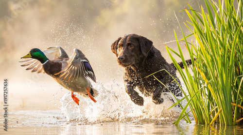 Chocolate Labrador lunging water, Mallard duck taking off with huge splash in morning mist pond for gundog training blogs, wildlife photography content, and nature magazine features.