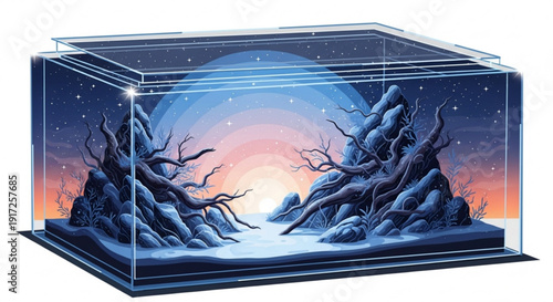 Snowy landscape in glass box with bare trees and moonlight at dusk