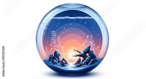 Vibrant underwater scene in a glass globe with a colorful sunset background and aquatic life