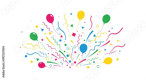Colorful balloons and confetti exploding in air celebrating party festive decorations joyful atmosphere birthday anniversary event fun vibrant whimsical design elements