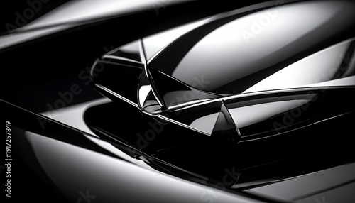 Abstract close-up of shiny, reflective, black curves and sharp edges, creating depth