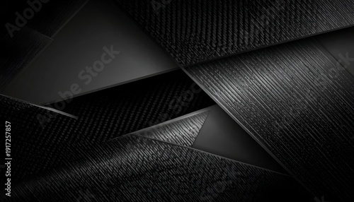 Abstract geometric composition featuring layered textured plates in varying shades of black