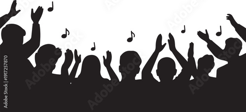 Silhouettes of people raising hands with musical notes