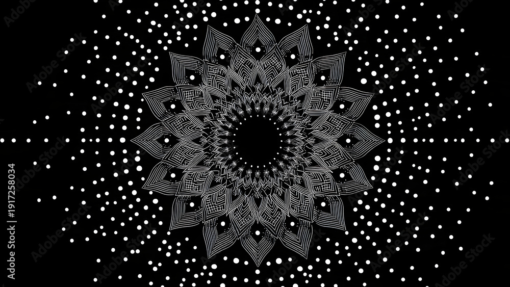Naklejka premium Design an abstract swirling vortex pattern in black-white using dense halftone dots that spiral inward on a seamless dotted background