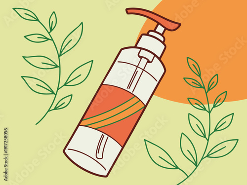 Minimalist Cosmetic Pump Bottle Illustration with Green Leaves for Skincare Branding