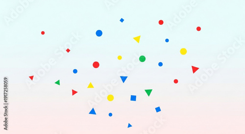 Colorful geometric shapes float in air against soft gradient background with pastel hues