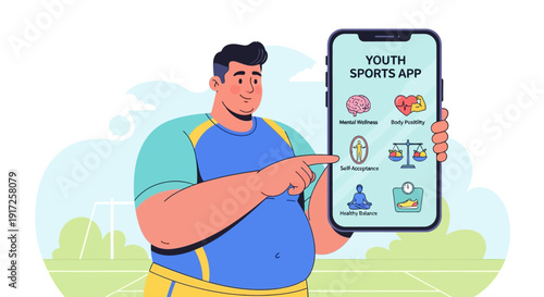Man holding phone showing a youth sports app with mental wellness and physical fitness icons