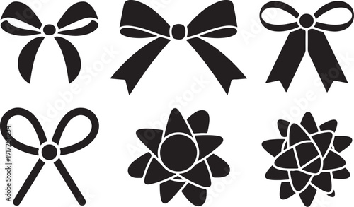 Six black and white bow and flower outline