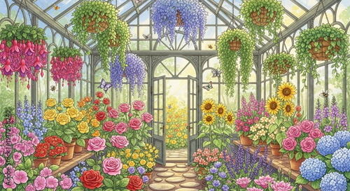 Vibrant greenhouse interior with diverse flowers and plants in hanging pots and on shelves sunny atmosphere