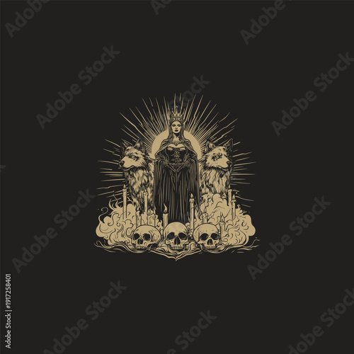 Majestic gothic engraving of a dark queen with a crown, flanked by two wolves and surrounded by skulls and lit candles, mystical vintage illustration isolated