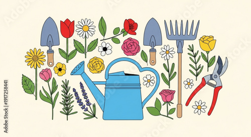Colorful gardening tools and flowers arrangement with watering can pruners rake and shovel on cream background