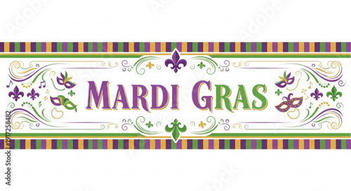 Mardi gras colorful banner with purple green and gold decorations fleur de lis masks and striped borders on white