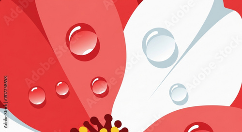 Close up of red and white flower petals with dew drops and yellow stamens on colorful floral background