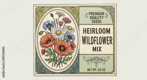 Vintage heirloom wildflower mix seed packet with colorful floral illustration and green border