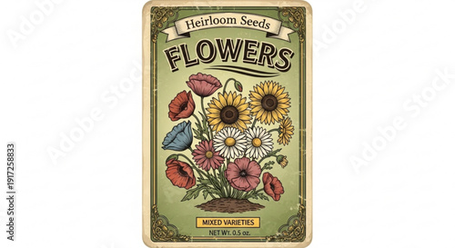 Vintage heirloom seeds packet with colorful mixed flowers illustration