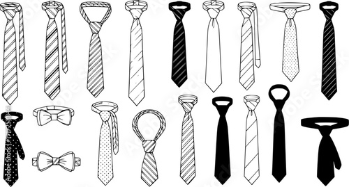 Hand-drawn set of various neckties and bow ties, including striped, polka dot, and solid black silhouettes. Fashion accessories for men, elegant and diverse styles.