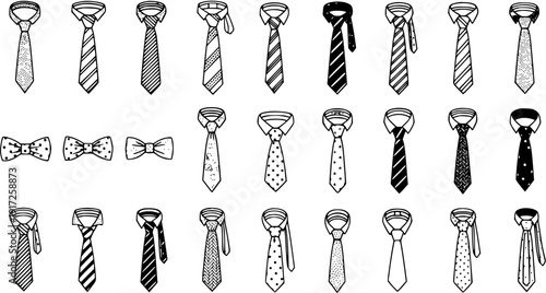 Hand-drawn doodle collection of men's neckties and bow ties with various patterns and knots, black and white fashion accessories set.