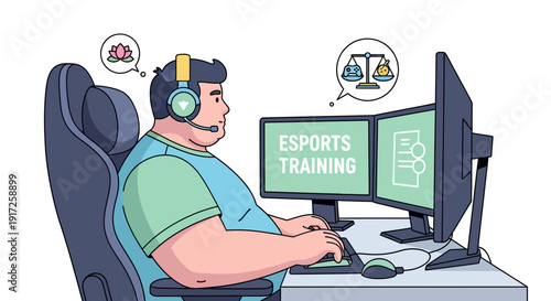 Fat gamer with headphones at computer playing video games with esports training text on screens