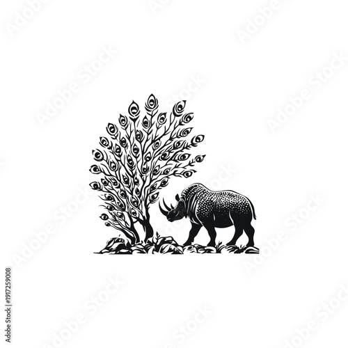 Surreal vintage engraving of a rhinoceros standing under a mystical tree with leaves shaped like peacock feathers, exotic wildlife illustration isolated on a white background.
