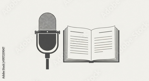 Microphone and open book on a plain background for education or podcasting concepts