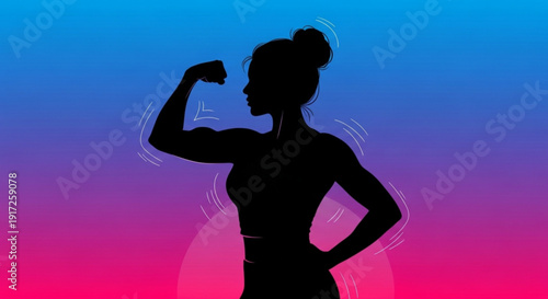Confident woman flexing arm muscles on colorful gradient background symbolizing strength and empowerment