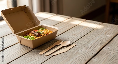 Takeaway Food in Cardboard Container on Wooden Table.