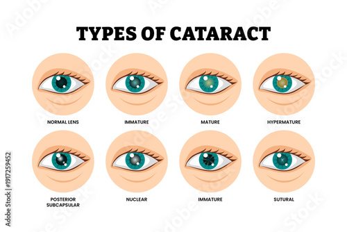 Different types of cataract types set collection. Labeled normal lens, immature, mature, hypermature, posterior subcapsular, nuclear, sutural. Vision loss problem. Eye disease. Illustration vector.
