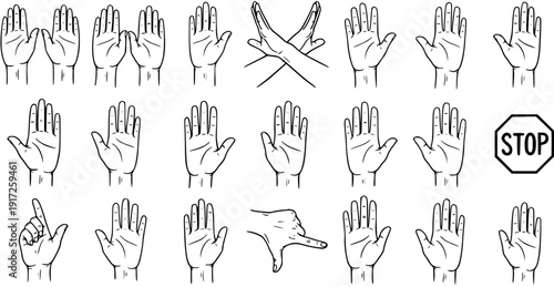 Collection of various open hand gestures, palms, and a stop sign in black and white line art vector illustration