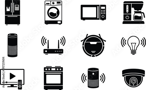 Minimal black smart home and connected appliance icon set featuring kitchen electronics, WiFi devices, robot vacuum, smart lighting, security camera, and modern household technology