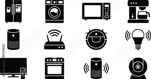 Minimal black smart home appliance icon set featuring kitchen devices, WiFi connected electronics, robot vacuum, smart lighting, and modern household technology symbols