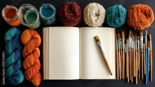 Artistic arrangement of colorful yarns, paint jars, brushes, and a blank notebook
