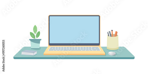 Laptop Computer with Blank Empty Display Screen for Copy Space on Modern Office Desk Workspace Flat Vector Illustration