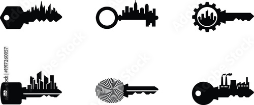 Minimal black key icon set featuring city skyline, industrial buildings, fingerprint security, urban access control, safety concepts, and modern symbolic lock designs isolated