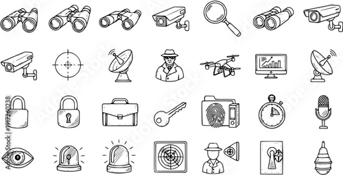 Hand-Drawn Security, Surveillance, and Investigation Icons Set. Detective and Spy Tools, Technology, and Symbols
