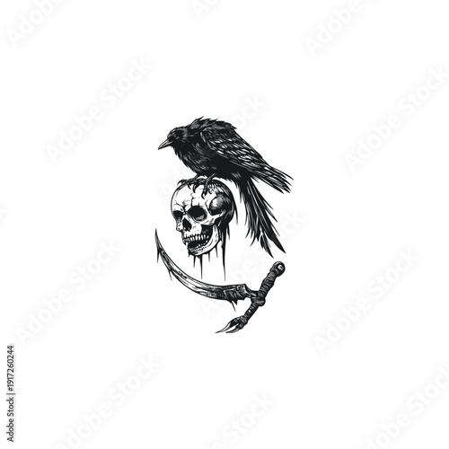 Gothic engraving illustration of a crow perched on a grim reaper scythe with a hanging human skull, dark occult concept.