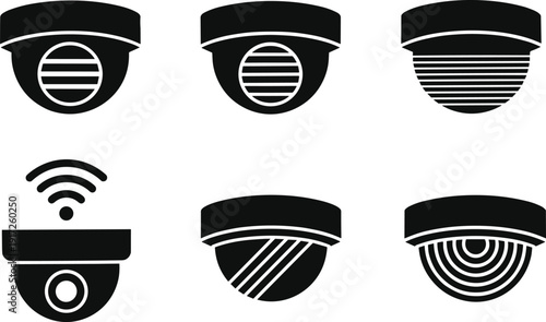 Minimal black dome security camera icon set featuring wireless CCTV surveillance, modern monitoring systems, indoor outdoor safety devices isolated on white background