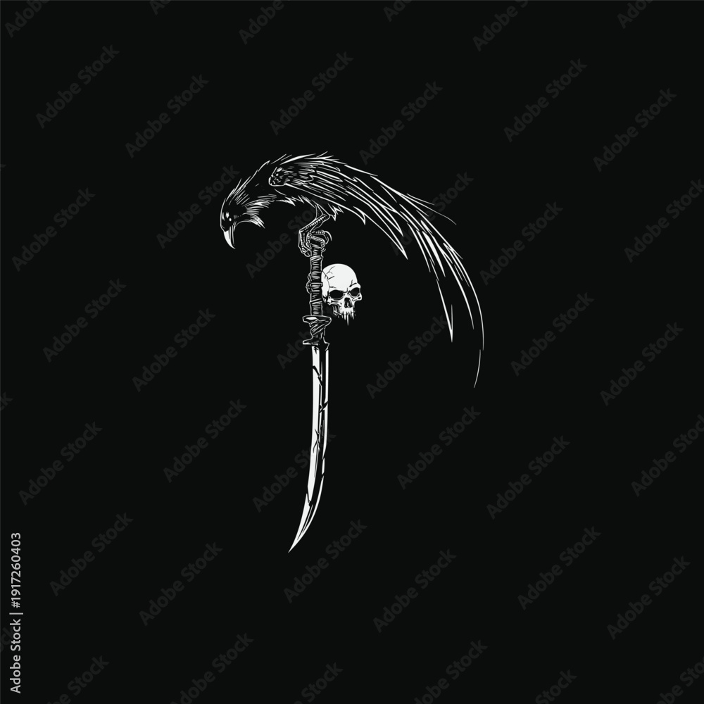 Naklejka premium Gothic style hand-drawn engraving of a black raven perched on a curved scythe blade with a human skull, dark occult concept on black background.