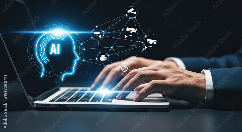 custom made wallpaper toronto digitalPerson working on laptop with AI technology illustration on screen in a professional setting