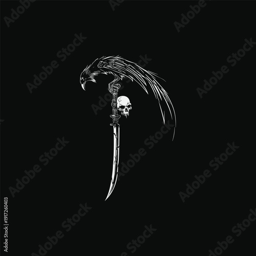 Gothic style hand-drawn engraving of a black raven perched on a curved scythe blade with a human skull, dark occult concept on black background.