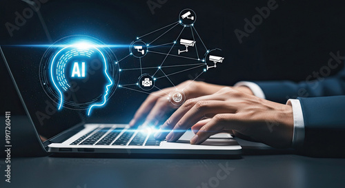 Wallpaper Mural Person working on laptop with AI technology illustration on screen in a professional setting Torontodigital.ca