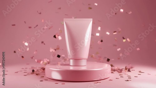 3D slow-motion animation of a cosmetics product mockup standing on a glossy pastel pink podi