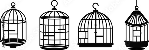 Black and white illustration set of four decorative birdcages with unique designs, artistic concept highlighting avian housing and style