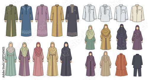 Diverse Collection of Traditional Islamic Clothing Illustrations.