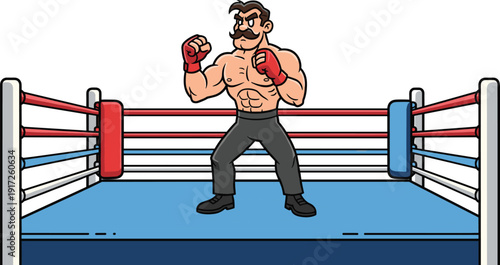 Cartoon boxer illustration in fighting stance with mustache, red gloves, boxing ring, sports competition, athletic character, and classic match scene