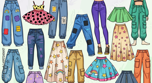 Diverse Fashion Collection - Skirts, Pants, and Jeans.