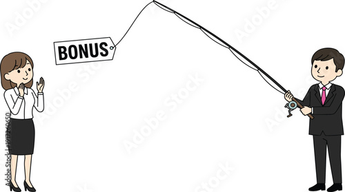 Cartoon business concept illustration of man dangling bonus tag with fishing rod to motivate woman employee, workplace incentive metaphor