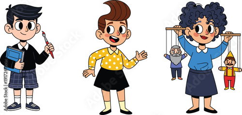 Cartoon carnival dancers illustration with festive costumes, vibrant feathers, joyful celebration, cultural performance, party dance, and colorful lifestyle scene