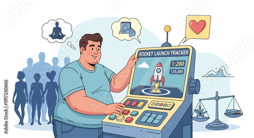 Man using virtual reality headset experiencing rocket launch simulation with a heart icon