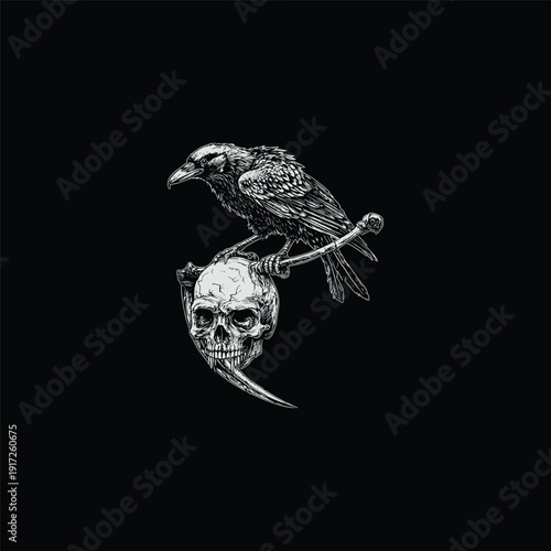 Gothic engraving illustration of a crow perched on a grim reaper scythe with a hanging human skull, dark occult concept.